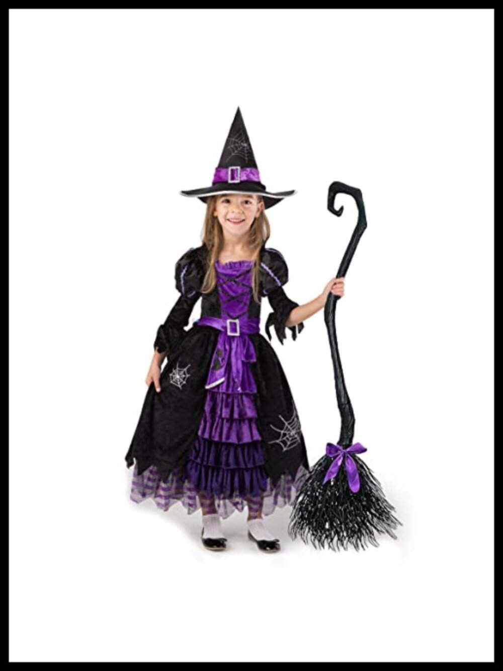 Girls Witch Costume Set Dress Hat Broom Halloween Pretend Play